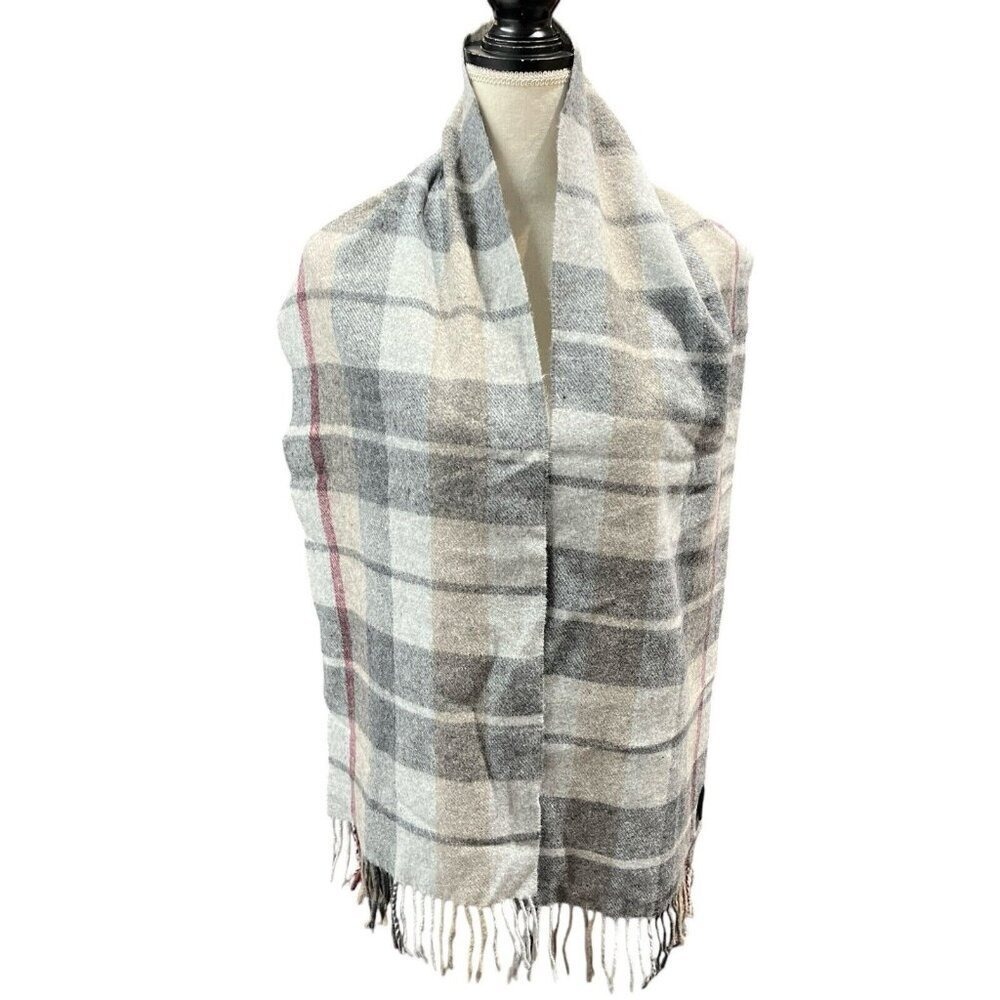 Italian Woolen Lambswool Scarf Gray Plaid Fringe Old Money Preppy Classic Winter